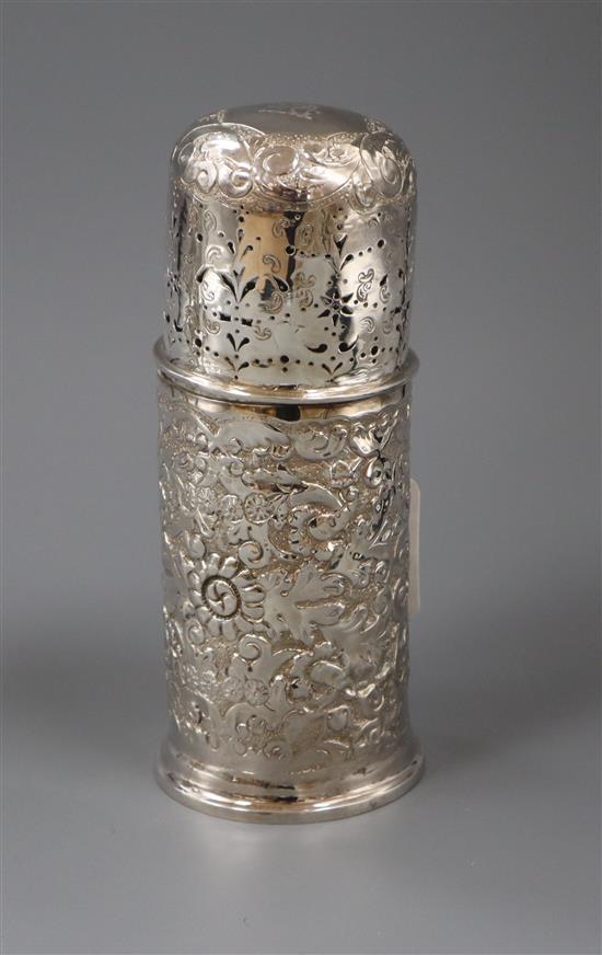 A late Victorian repousse silver lighthouse caster, Nathan & Hayes, Birmingham, 1893, 8 oz.